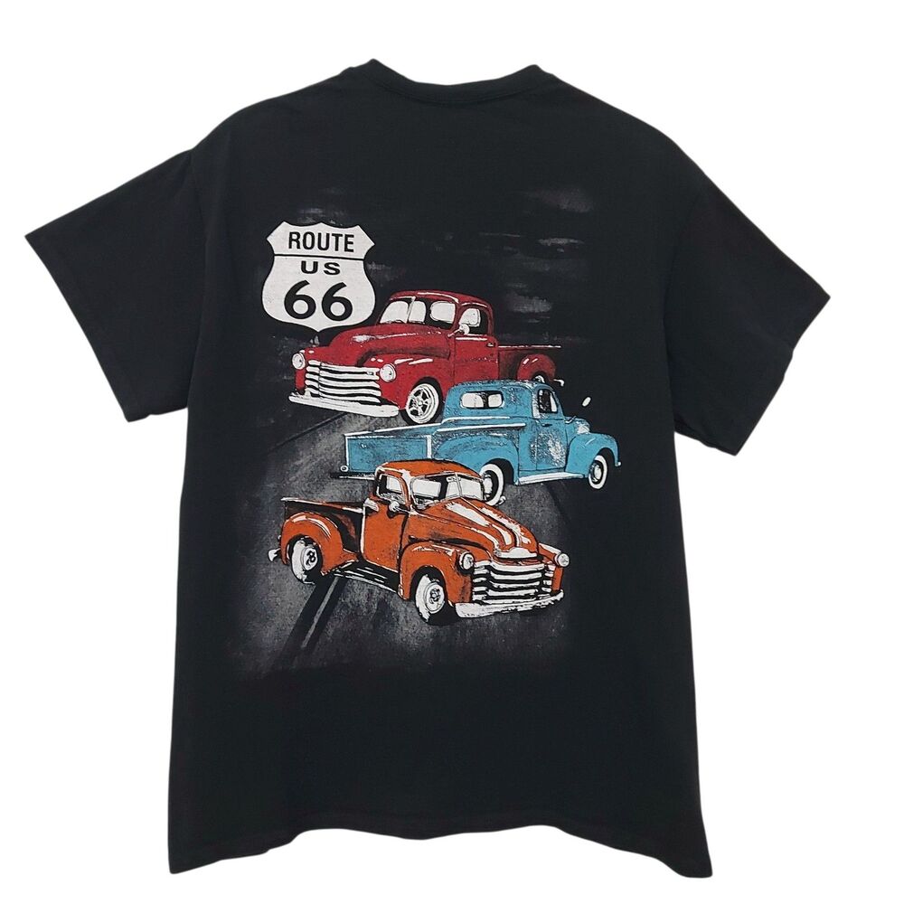 Route 66 Graphic T-Shirt Mens Medium Black Classic Vintage Pickups Streetwear
